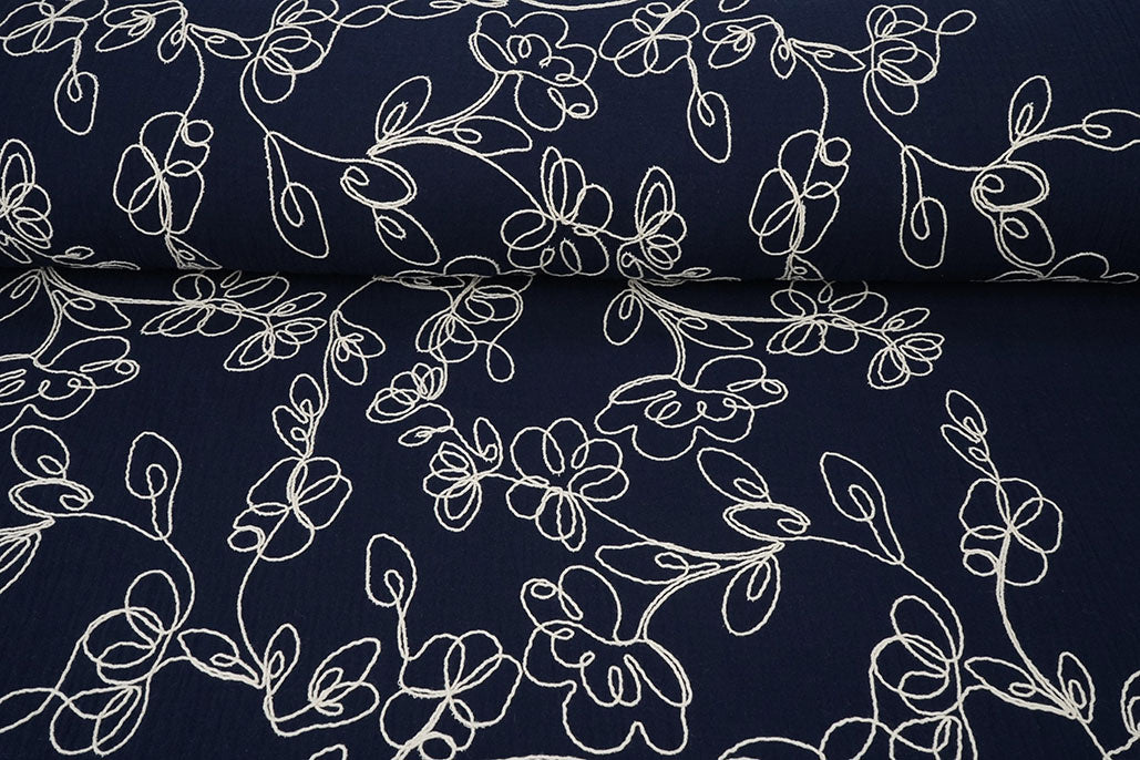 Double Gauze Embroidery Flowers Navy textile image 4