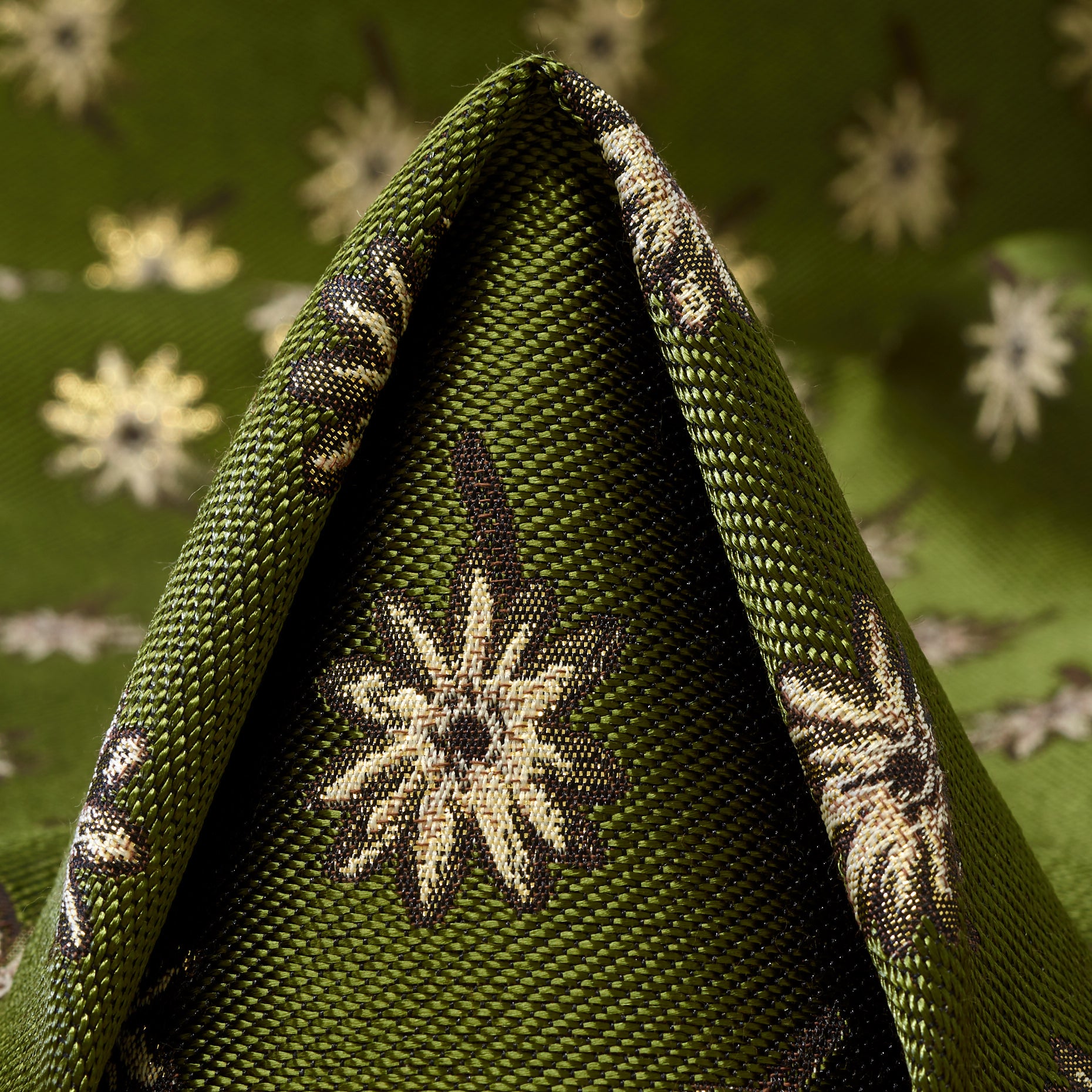 Floral Avocado & Bone White Cotton Acetate Jacquard Fabric textile swatch - 30% Recycled Polyester, 30% Polyester, 27% Cellulose Acetate, 13% Cotton / 310 g/m / 138 cm