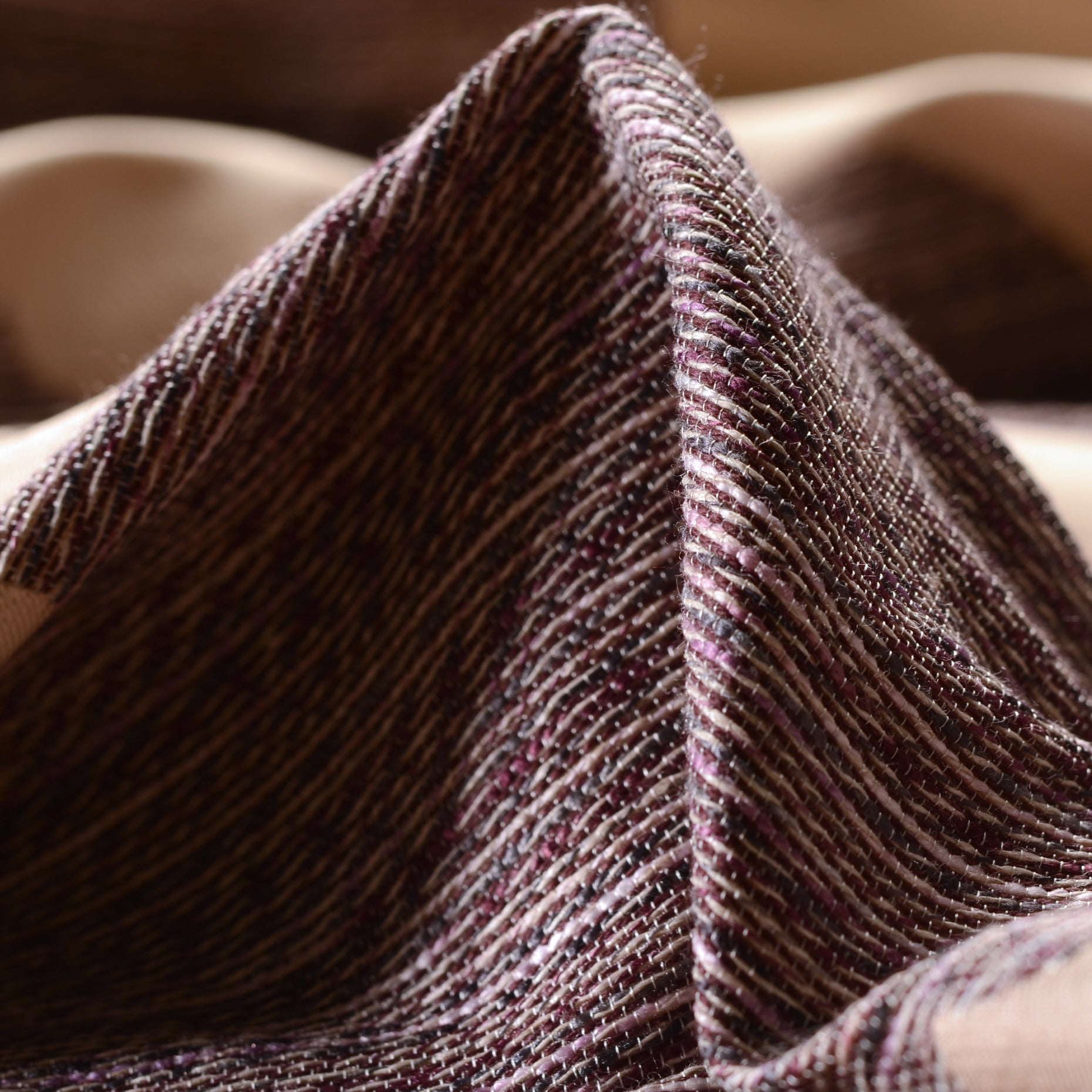 Champagne & Merlot Wool Linen Jacquard Fabric textile swatch - 42% Polyester, 26% Acrylic, 24% Linen, 8% Wool / 340 g/m / 146 cm
