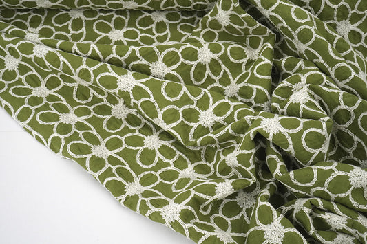 100% Cotton Embroidery Coco Moss Green - 100% Cotton, ± 130 cm, ± 160 gram/m²