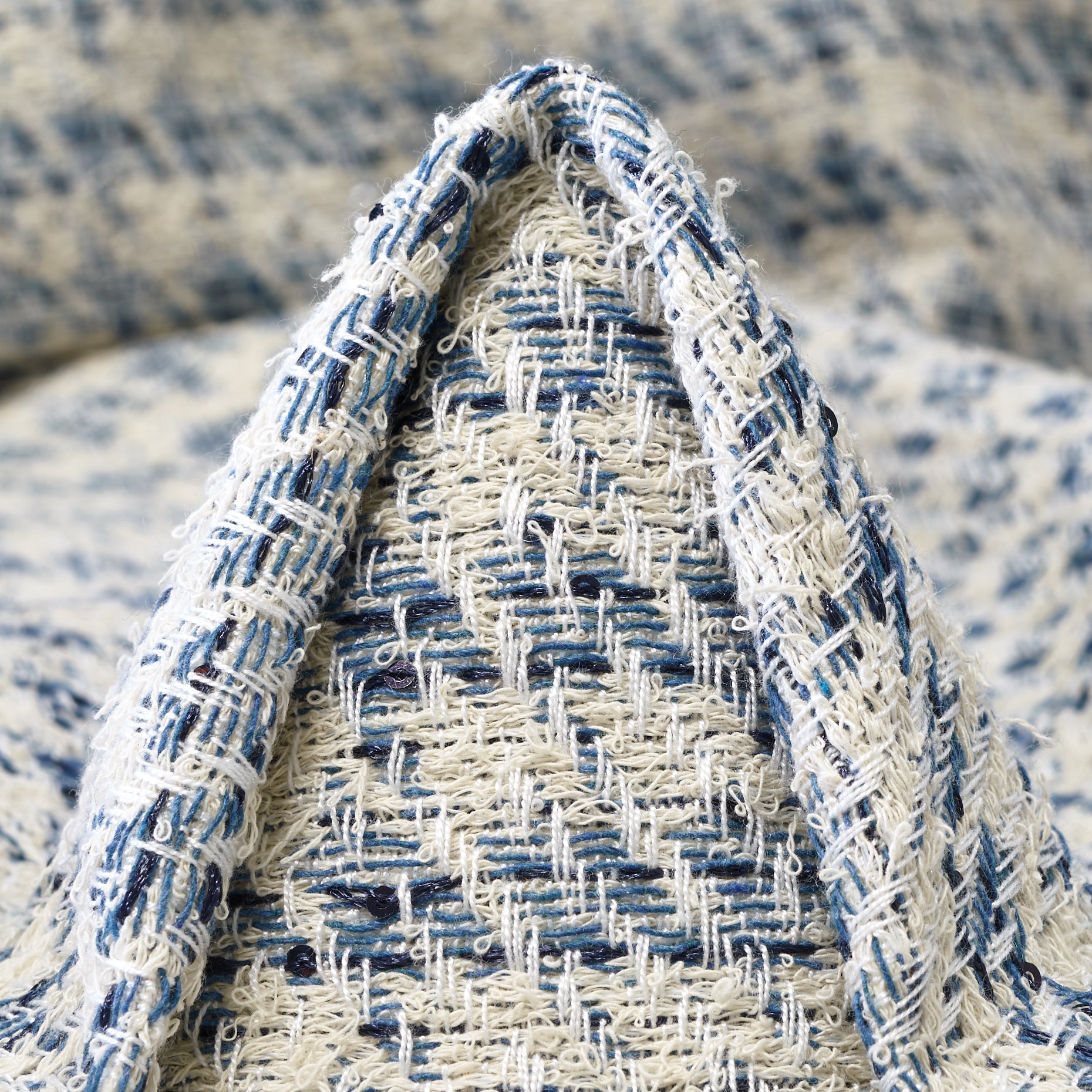 Textured Chennile Cotton Blend Lurex - Snow White & China Blue textile image 1