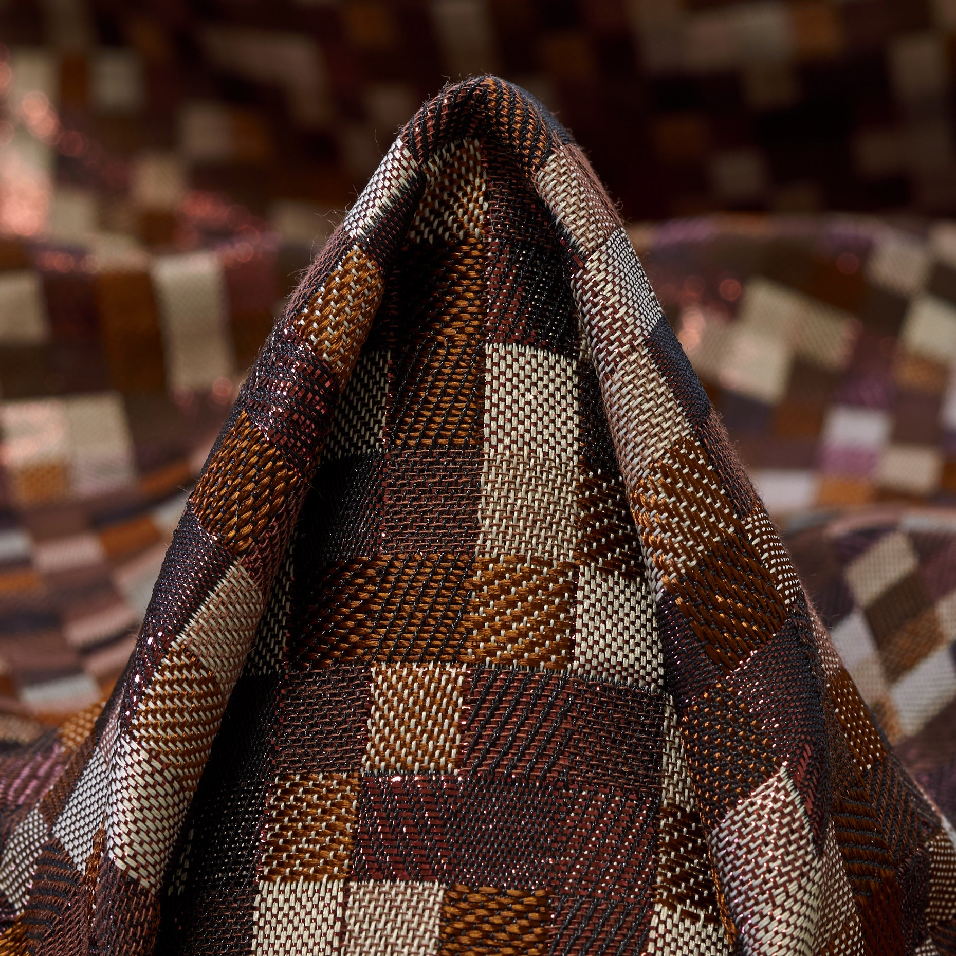 Chestnut & Silver Cloud Cotton Acetate Jacquard Fabric textile swatch - 30% Recycled Polyester, 30% Polyester, 27% Cellulose Acetate, 13% Cotton / 315 g/m / 139 cm