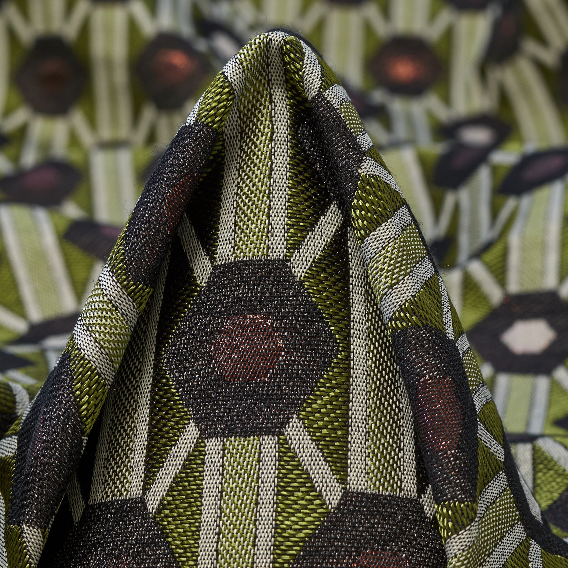 Minced Herb & Blackened Pearl Cotton Acetate Jacquard Fabric textile swatch - 30% Recycled Polyester, 30% Polyester, 27% Cellulose Acetate, 13% Cotton / 320 g/m / 138 cm