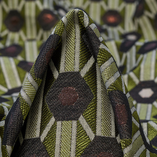 Minced Herb & Blackened Pearl Cotton Acetate Jacquard Fabric textile swatch - 30% Recycled Polyester, 30% Polyester, 27% Cellulose Acetate, 13% Cotton / 320 g/m / 138 cm