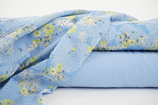 Embroidered Cotton Flowers Nola Jeans Blue - 65% Cotton 35% Polyester, ± 135 cm, ± 115 gram/m²