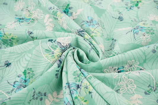 Embroidered Cotton Flowers Nola Mint Green - 65% Cotton 35% Polyester, ± 135 cm, ± 115 gram/m²