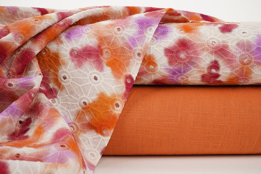 Embroidery Cotton Tie Dye Orange Pink - 100% Cotton, ± 130 cm, ± 115 gram/m²