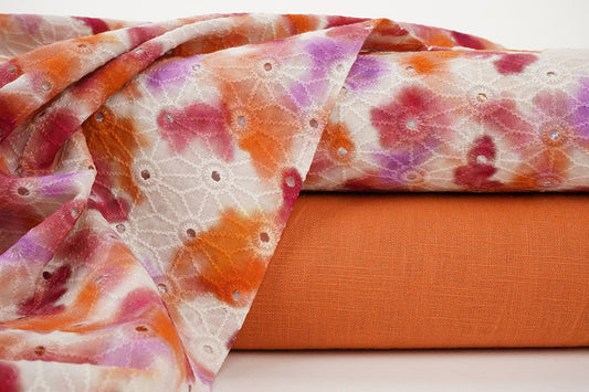 Embroidery Cotton Tie Dye Orange Pink - 100% Cotton, ± 130 cm, ± 115 gram/m²