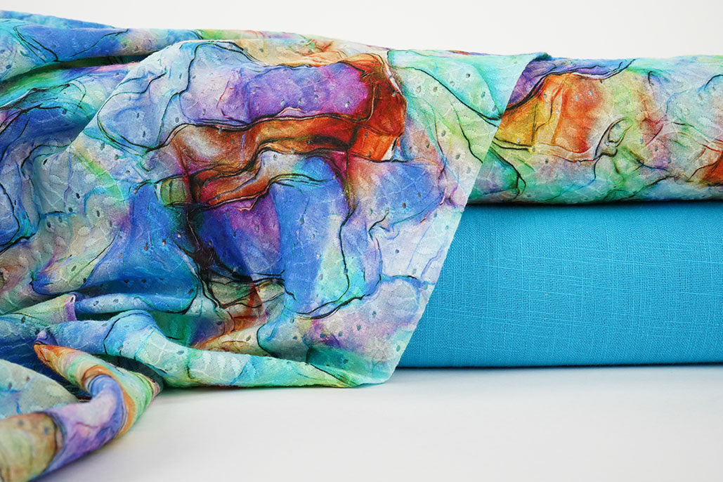 Embroidery Cotton Watercolor Blue - 100% Cotton, ± 130 cm, ± 100 gram/m²