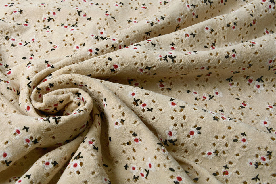 Cotton Jersey Embroidery Flowers Natural - 75% Cotton 20% Polyester 5% Elastane, ± 150 cm, ± 180 gram/m²