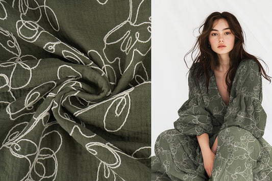 Double Gauze Embroidery Flowers Army Green - 100% Cotton, ± 120 cm, ± 150 gram/m²