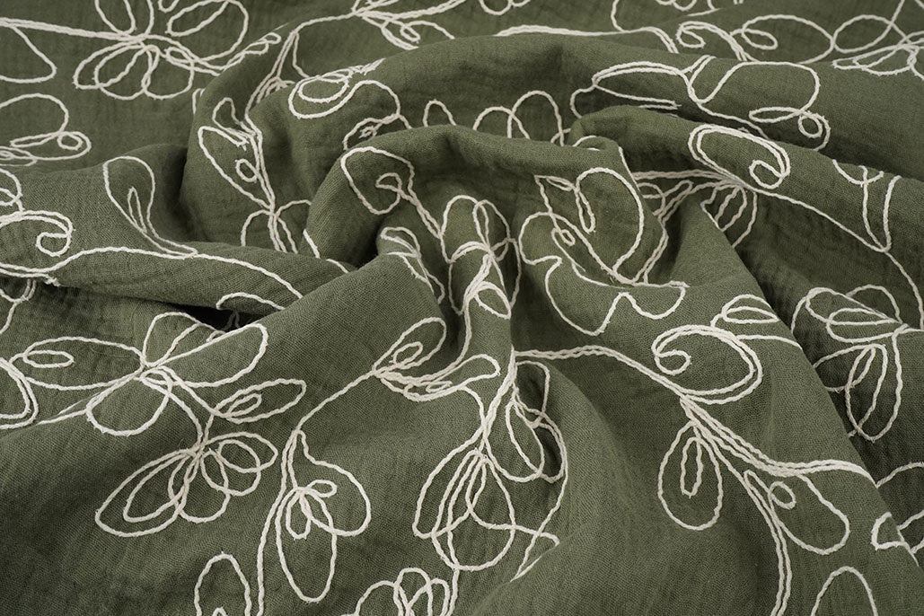 Double Gauze Embroidery Flowers Army Green secondary textile image