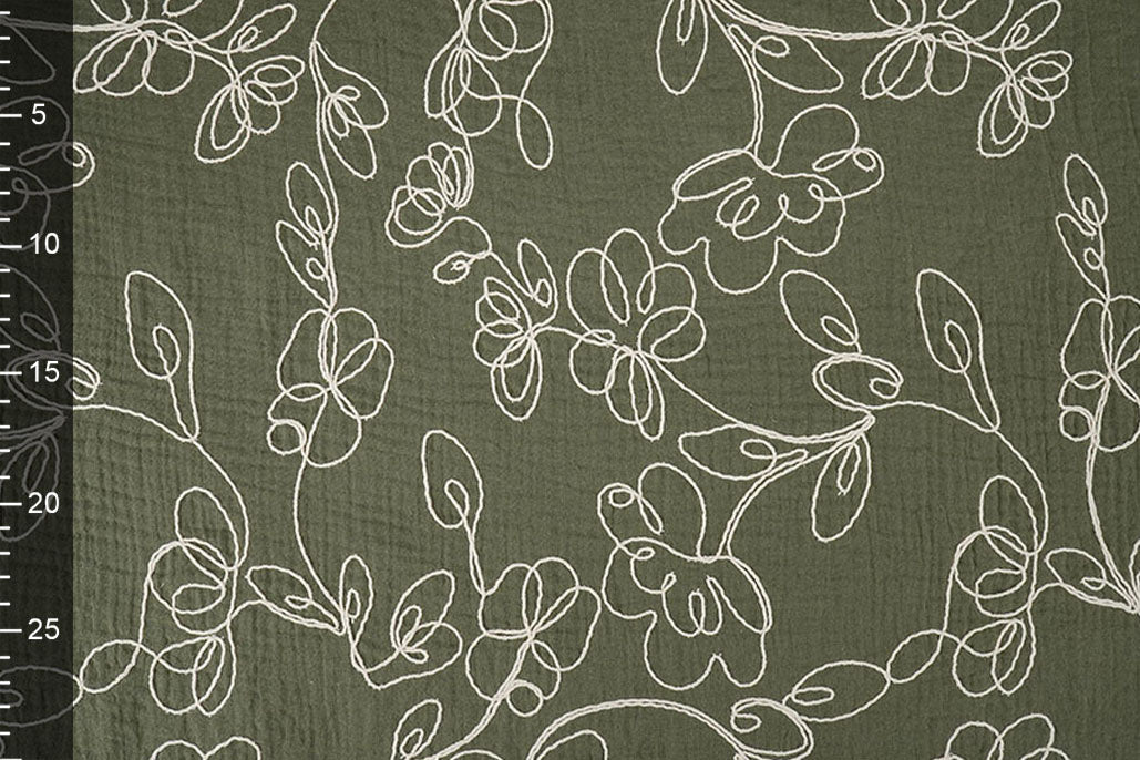 Double Gauze Embroidery Flowers Army Green textile image 3