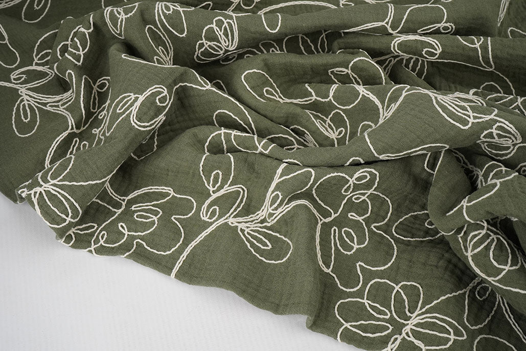 Double Gauze Embroidery Flowers Army Green textile image 4