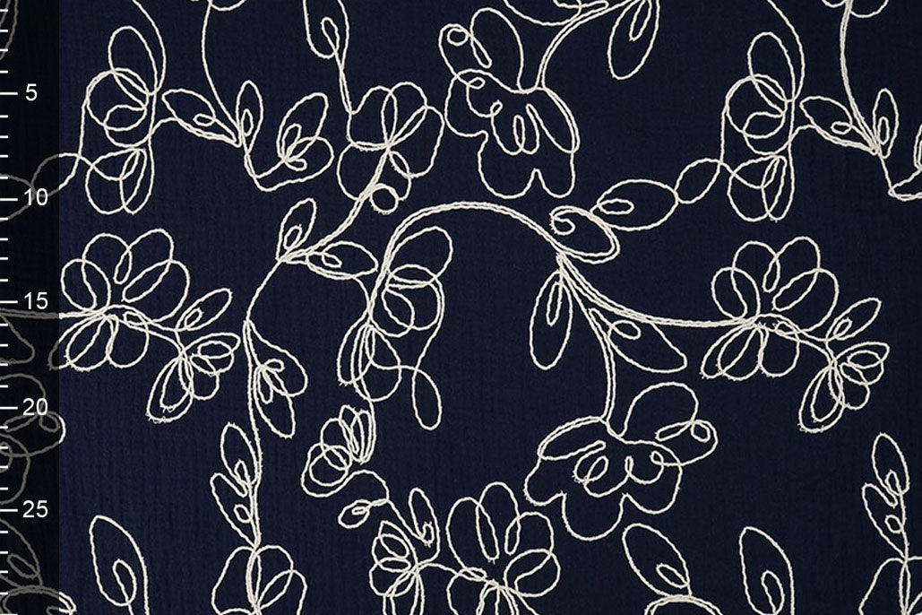 Double Gauze Embroidery Flowers Navy textile image 2