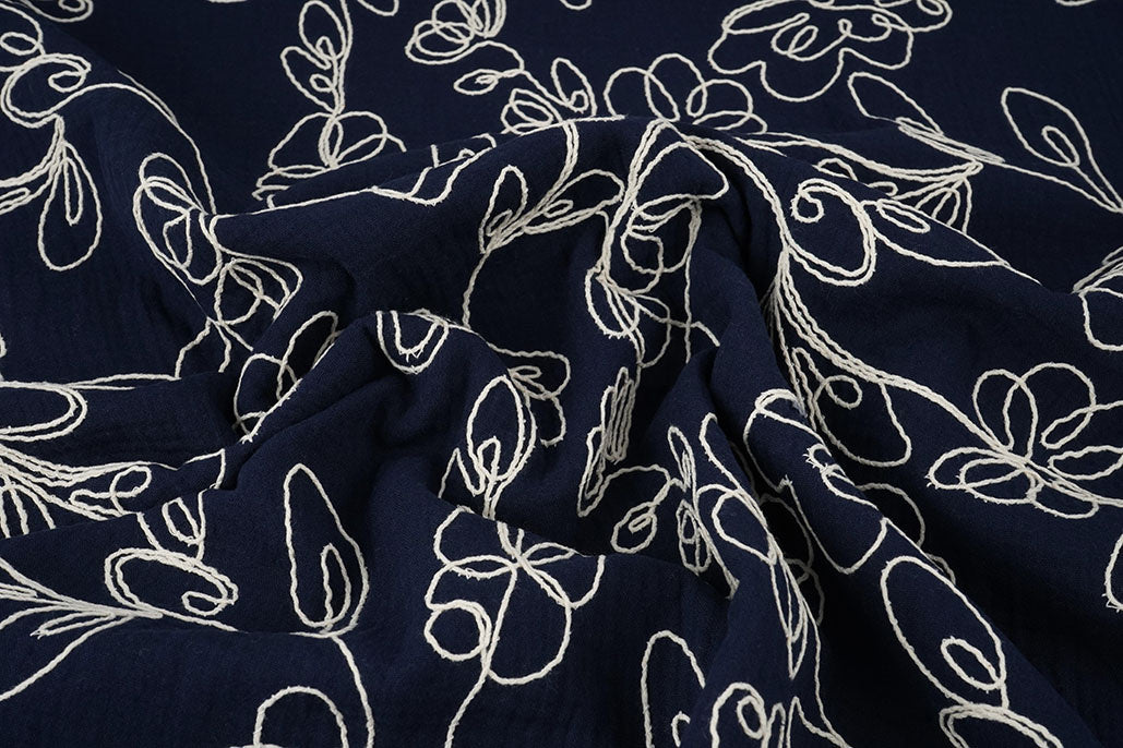 Double Gauze Embroidery Flowers Navy - 100% Cotton, ± 120 cm, ± 150 gram/m²