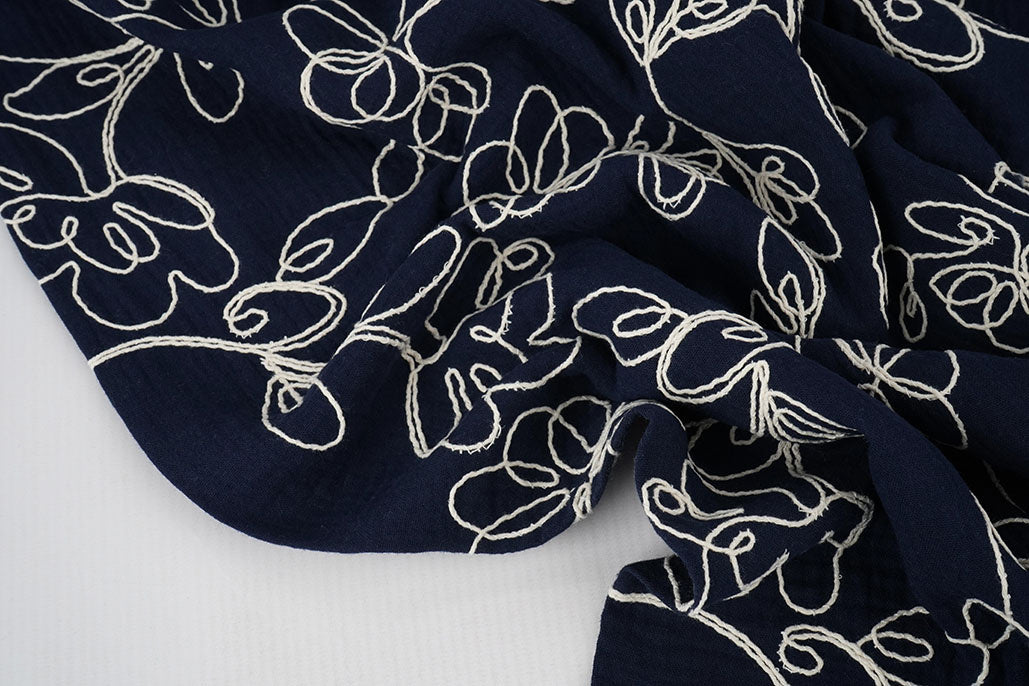 Double Gauze Embroidery Flowers Navy textile image 3