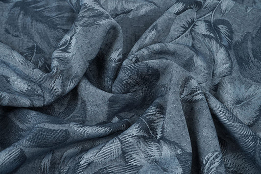 Viscose Jacquard Vintage Palm Leaves Jeans Blue - 60% Viscose 40% Polyester, ± 145 cm, ± 120 gram/m²